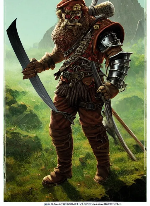 Image similar to strong young man, photorealistic bugbear ranger holding a flaming sword, black beard, dungeons and dragons, pathfinder, roleplaying game art, hunters gear, jeweled ornate leather and steel armour, concept art, character design on white background, by alan lee, norman rockwell, makoto shinkai, kim jung giu, poster art, colours red and green