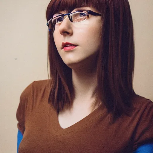 Image similar to dslr photo of velma dinkley, portrait photo, pretty face, real photo, real camera, extreme detailed face and body, high quality, moody lighting, fast paced lines, sharp quality, enchanting lighting, 8 k