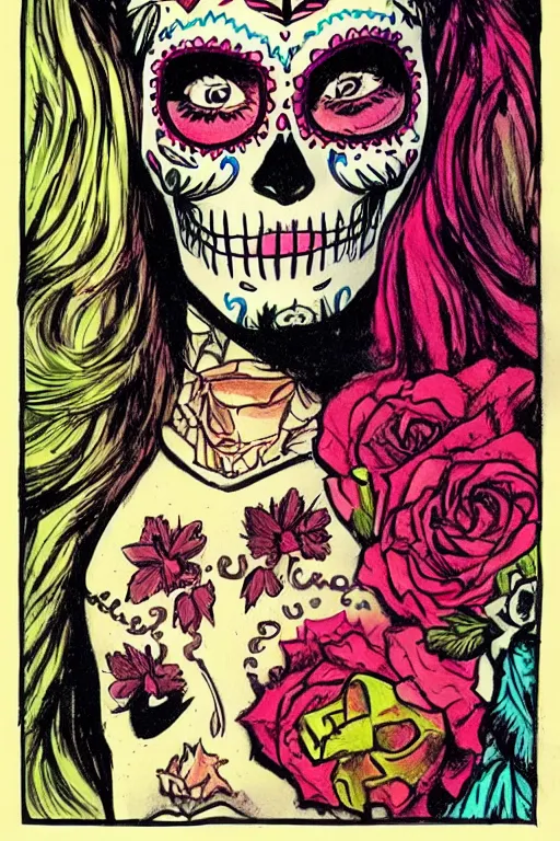 Image similar to Illustration of a sugar skull day of the dead girl, art by will eisner