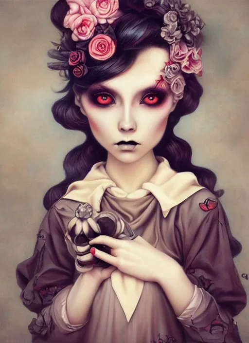 Image similar to pop surrealism, lowbrow art, realistic cute girl painting, japanese street fashion, hyper realism, muted colours, rococo, natalie shau, loreta lux, tom bagshaw, mark ryden, trevor brown style,