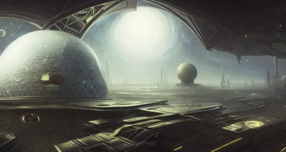 Image similar to cinematic shot, futuristic city on the moon inside a giant geodesic dome, utopian, night, stars, digital painting, artstation, concept art, smooth, sharp focus, illustration, intricate, elegant, highly detailed, in the style of greg rutkowski and alphonse mucha and artemisia, 8 k, highly detailed, jurgens, rutkowski