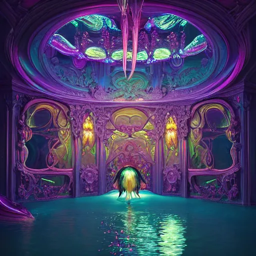 Prompt: iridescent creature in candyland, water reflection, night, backlit, warm tones, bioluminescent : by michal karcz, daniel merriam, victo ngai and guillermo del toro : ornate, dynamic, particulate, intricate, elegant, highly detailed, centered, artstation, smooth, sharp focus, octane render