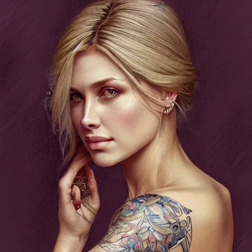 Image similar to ultra realistic illustration, a hot and beautiful tattooed blonde slavic woman in her 3 0's, intricate, elegant, highly detailed, digital painting, artstation, concept art, smooth, sharp focus, illustration, art by artgerm and greg rutkowski and alphonse mucha