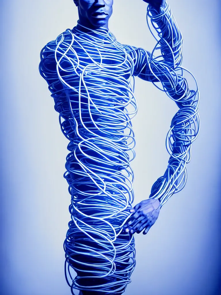 Prompt: a fine art photograph formal self sculpture by the artist kelbv, in realistic style with tubes neatly navigating the contours of his body, and disjoint body pumped full with blue and white ellipsoids, perfect studio lighting.