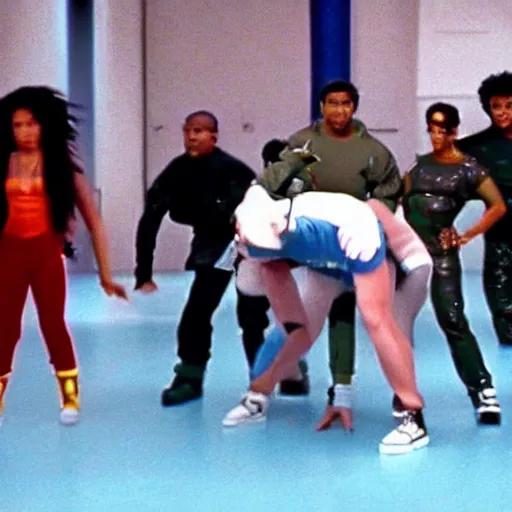 Image similar to film still of 'Future Force 2050' (1995). Scene where the spaceship crew compete in a break dancing contest.