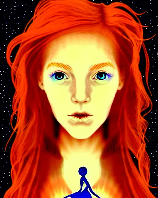 Image similar to tarot card of space astral girl, red hair, ginger hair, fantasy, glowing skin, smooth face, perfect eyes