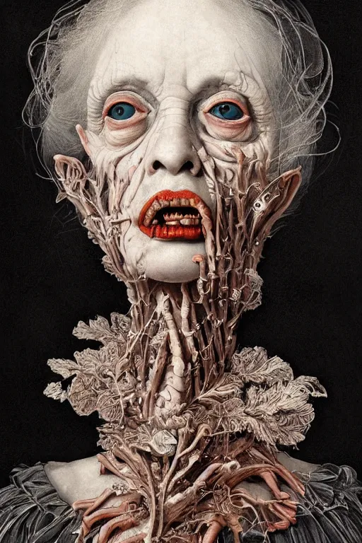 Image similar to Detailed maximalist portrait of a beautiful old woman with large lips and eyes, scared expression, botanical skeletal with extra flesh, HD mixed media, 3D collage, highly detailed and intricate, surreal illustration in the style of Caravaggio, dark art, baroque, centred in image