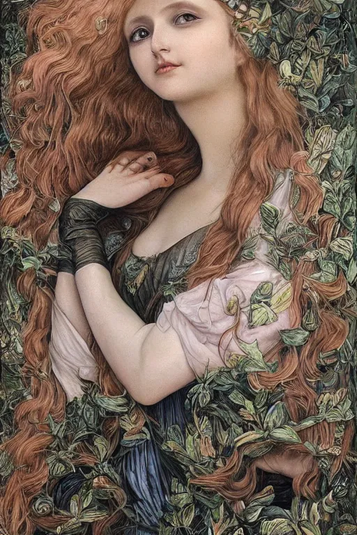 Image similar to An extremely beautiful pre-raphaelite portrait of a very beautiful and cute witch, surreal, ultradetailed, intricate, elegant, digital art painting, concept art, smooth, sharp focus, poster art, art cover illustration, regal, award winning picture, extremely detailed masterpiece, sense of awe, featured on artstation, Artgerm, effervescent punk kawaii-noir pastel bubbles, winning award piece, ethereal rainbows, Aetherpunk, low-key neon lightning, stormy weather, Exquisite details, 8K detail post-processing, matte, oil painting