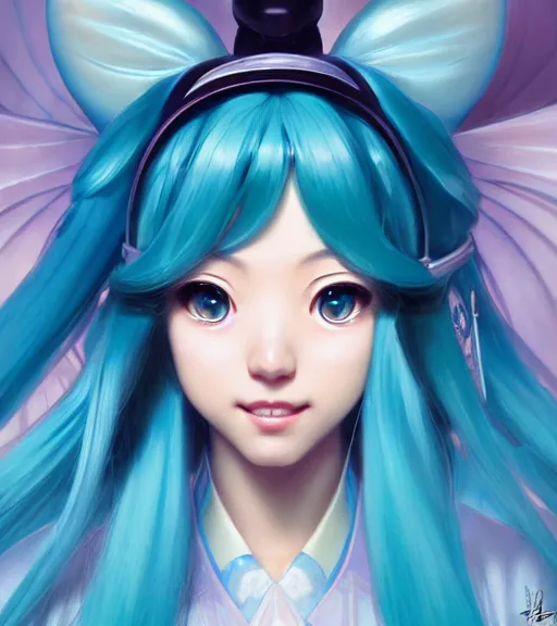 Prompt: portrait of disney hatsune miku!!, intricate, elegant, highly detailed, digital painting, artstation, concept art, smooth, sharp focus, illustration, art by artgerm and greg rutkowski and alphonse mucha and uang guangjian and gil elvgren and sachin teng and wlop, symmetry!!