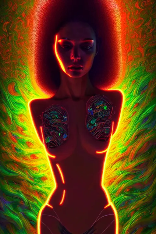 Prompt: extremely beautiful psychedelic cyborg queen of lsd. intricate, elegant, highly detailed lifelike photorealistic extremely lush digital painting. masterpiece. melancholic scene infected by night. perfect composition and lighting. sharp focus. artstation. sultry.