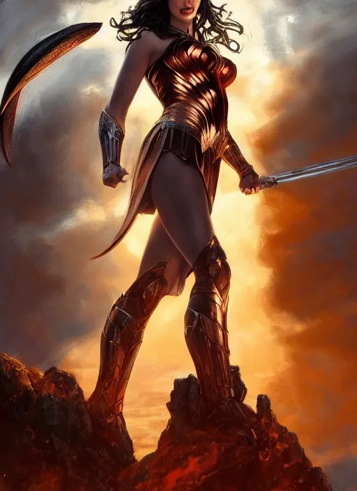 Prompt: Gal Gadot as Hell Lord, full body shot, epic, fantasy, intricate, elegant, volumetric lighting, highly detailed, digital painting, 4k, HDR, concept art, smooth, sharp focus, illustration, art by artgerm and donato giancola and krenz cushart