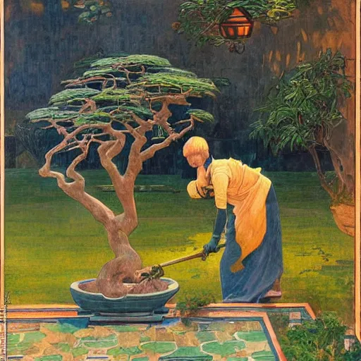 Prompt: Old African gardener cutting bonsai trees, gray hair, idyllic Garden, by Annie Swynnerton and Nicholas Roerich and jean delville, glowing paper lanterns, strong dramatic cinematic lighting , ornate tiled architecture, lost civilizations, smooth, sharp focus, extremely detailed