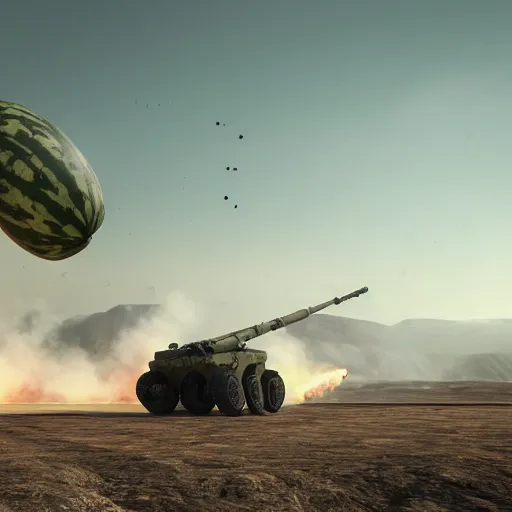 Prompt: Watermelon as military HIMARS vehicle with epic weapons, launching rockets on a battlefield, russian city as background. Concept digital 3D art in style of Caspar David Friedrich,unreal engine 5, artstationHD, 4k, 8k, 3d render, 3d Houdini, cinema 4d, octane epic RTX volumetric dramatic light