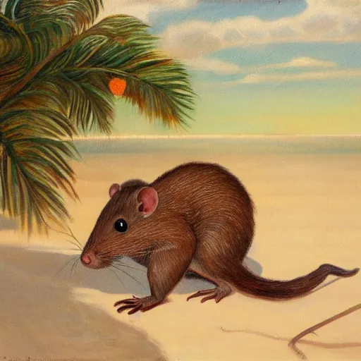 Image similar to brown rat at a tropical beach wearing edwardian style dress oil on canvas