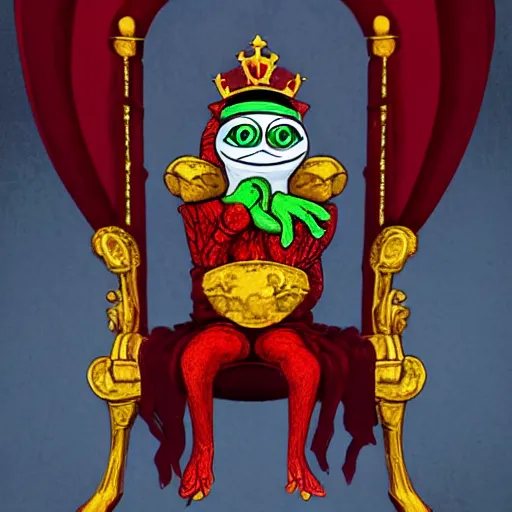 Image similar to pepe the frog sitting on a red and gold throne, beautiful, 4 k, artstation, detailed