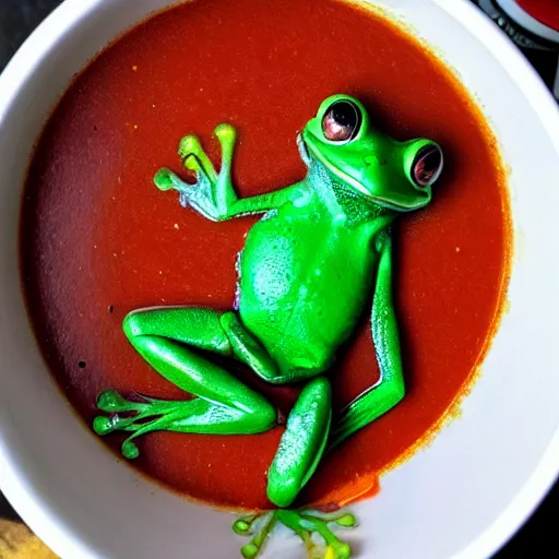 Image similar to a frog emerging from a pot of tomato soup, frog soup, recipe photo