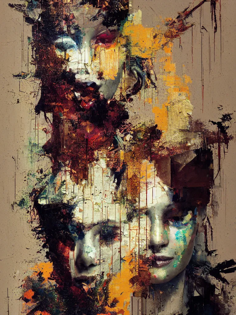 Image similar to a beautiful glitched painting by robert proch of a woman in a glitched bathroom, metal rust and plaster materials, pixel sorting, color bleeding, brushstrokes by jeremy mann, still life, dark colors