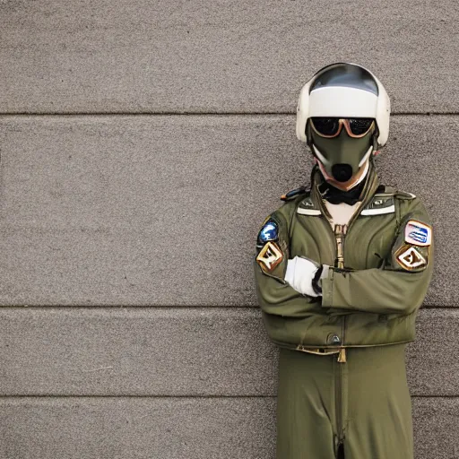 Image similar to a Fox dressed in a modern American military jet pilot uniform, 85mm f/1.4