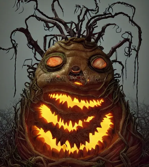 Image similar to a tim burton design of a horrifying king creature made of pumpkin, fat, limbs made from vines, sitting on a stone throne, detailed game art illustration, menacing carved facial expression, creepy lighting, dynamic pose, 4 k artstation, masterpiece