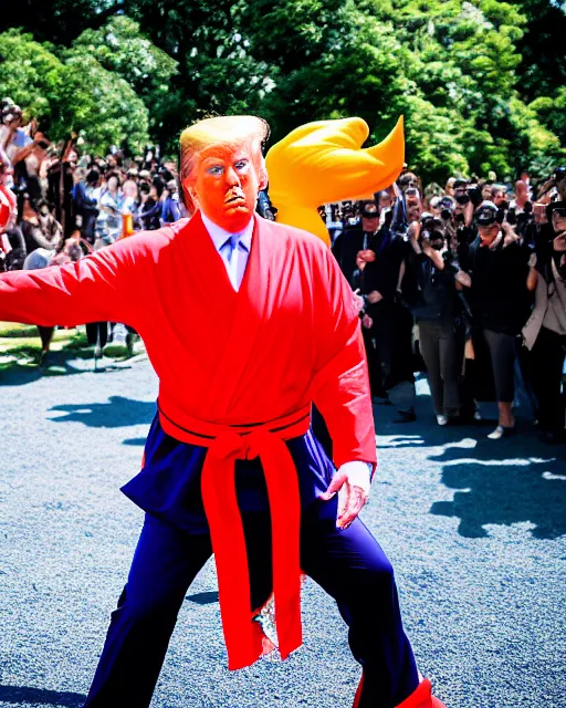 Image similar to award winning 5 5 mm portrait photo of trump as songoku, in a park. rule of thirds.