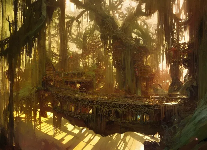 Image similar to treehouse interior, intricate, elegant, highly detailed, vivid colors, john harris, frazetta, tyrus wong, ruan jia, jeffrey catherine jones