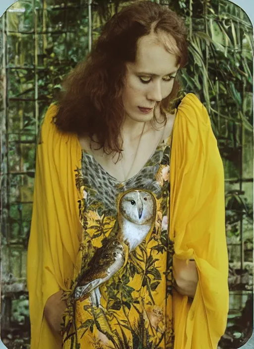 Image similar to Pre - raphaelit grainy head to shoulder portrait Polaroid film photograph of an elegant top model wearing a yellow kimono with a very detailed barn owl on her shoulder!!! sitting on a throne in a tropical greenhouse. looking at the camera!!. super resolution. Extremely detailed. Polaroid 600 film.