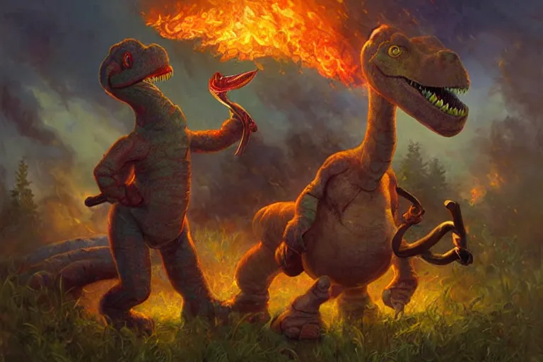 Prompt: barney the dinosaur holding a fire axe, an oil painting by ross tran and thomas kincade