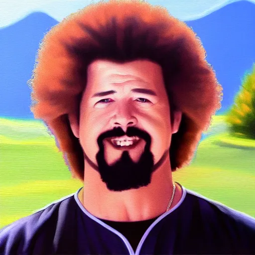 Image similar to a closeup photorealistic photograph of bob ross style kenny powers baseball, painting on canvas. mountains and trees. film still. brightly lit scene. this 4 k hd image is trending on artstation, featured on behance, well - rendered, extra crisp, features intricate detail, epic composition and the style of unreal engine.