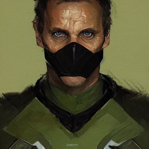 Image similar to portrait of superhero by greg rutkowski, michael biehn wearing a olive green and black kevlar gear, highly detailed portrait, digital painting, artstation, concept art, smooth, sharp foccus ilustration, artstation hq