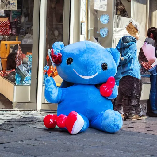 Image similar to blue'snappy gifts'human - sized plush doll, on sidewalk, giving gifts to people, happy atmosphere, high detail, soft lighting, 8 k