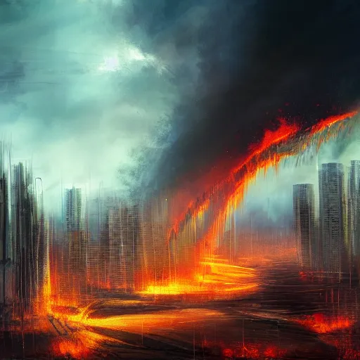 Image similar to damaged city, high - tech, concept art, forest, fire tornado, high resolution