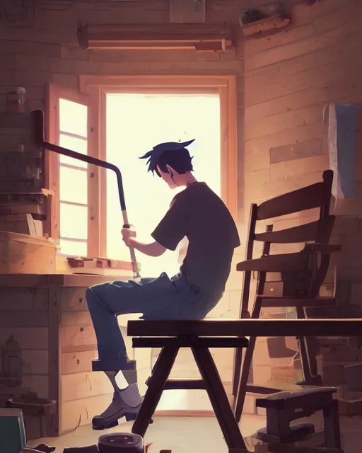 Prompt: woodworker building a new chair on his shop, detailed, cory loftis, james gilleard, atey ghailan, makoto shinkai, goro fujita, studio ghibli, rim light, exquisite lighting, clear focus, very coherent, plain background, soft painting