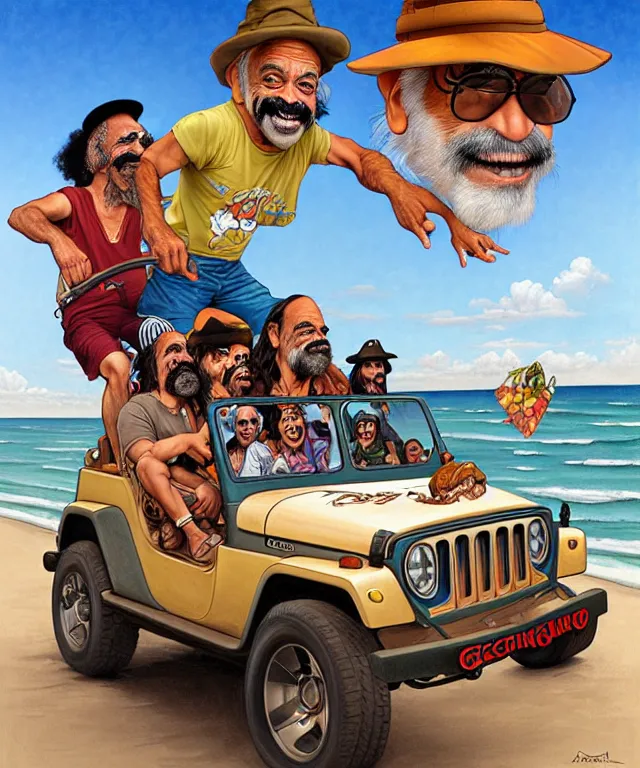 Image similar to Caricatures of Cheech Marin and Tommy Chong, riding in a children's jeep along cocoa beach front, Miami. fun, funny, highly detailed, digital painting, artstation, concept art, smooth, sharp focus, illustration, art by artgerm and greg rutkowski and alphonse mucha