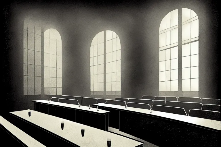 Image similar to editorial illustration by Karolis Strautniekas and Mads Berg, courtroom the bench, fine texture,detailed, matte colors,film noir, dramatic lighting, dynamic composition,moody