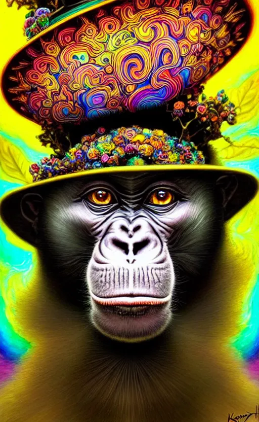 Image similar to An extremely psychedelic celestial Monkey in his black fedora hat, colorful, surreal, dramatic lighting, magic mushrooms, psilocybin, LSD, face, detailed, intricate, elegant, highly detailed, digital painting, artstation, concept art, smooth, sharp focus, illustration, art by Krenz Cushart and Artem Demura and alphonse mucha