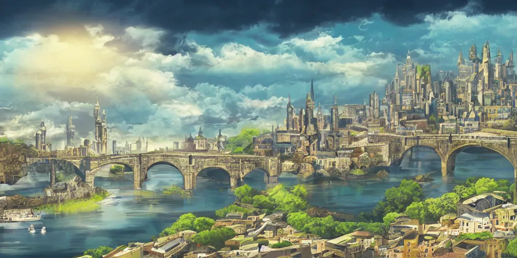 Prompt: Illustration, single long narrow huge ancient city on a narrow sky high bridge, over water, really long, all buildings on bridge, tall arched bridge holding the city in the clouds