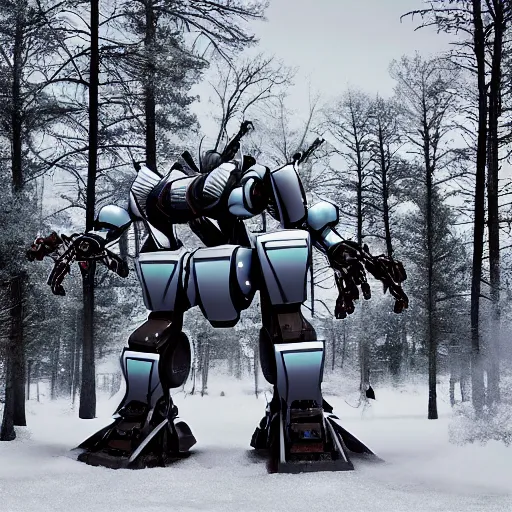 Prompt: futuristic colossal mech travels across a swedish forest in the winter photograph trending on artstation