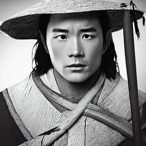 Image similar to a still from “ lord of the rings ” of a head and shoulders portrait of fei lung as a wizard with a hat and a wooden staff, photo by phil noto
