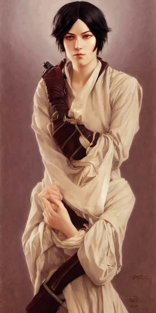 Image similar to Mikasa Ackerman, oil on canvas, ArtStation, by J. C. Leyendecker and Edmund Blair Leighton and Charlie Bowater