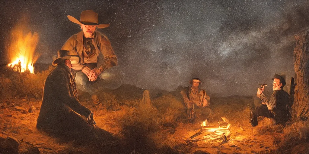 Prompt: in the old west, at a campfire at night, close up portrait of one sleeping bandit scoot mcnairy ( ( alone ) ) and wide shot of one thomas brodie - sangster ( ( alone ) ) propped against a rock, watches the stars and his horse grazes, in the style of a cinematic oil painting, warm color palate, astral
