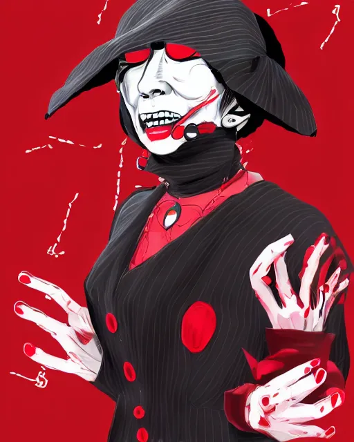 Image similar to An old lady with red skin, red skin, red skinned, in the style of Persona 5, Persona 5, Persona 5 artwork