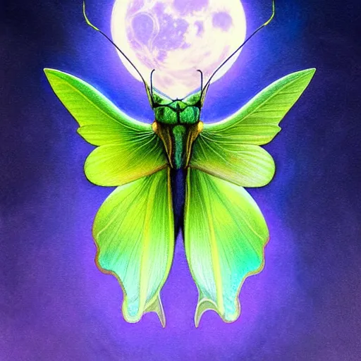 Prompt: luna moths backlit, uniquely beautiful, fantasy, intricate, elegant, dramatic lighting, emotionally evoking symbolic metaphor, highly detailed, lifelike, photorealistic, digital painting, artstation, concept art, smooth, sharp focus, illustration, art by John Collier and Albert Aublet and Krenz Cushart and Artem Demura and Alphonse Mucha