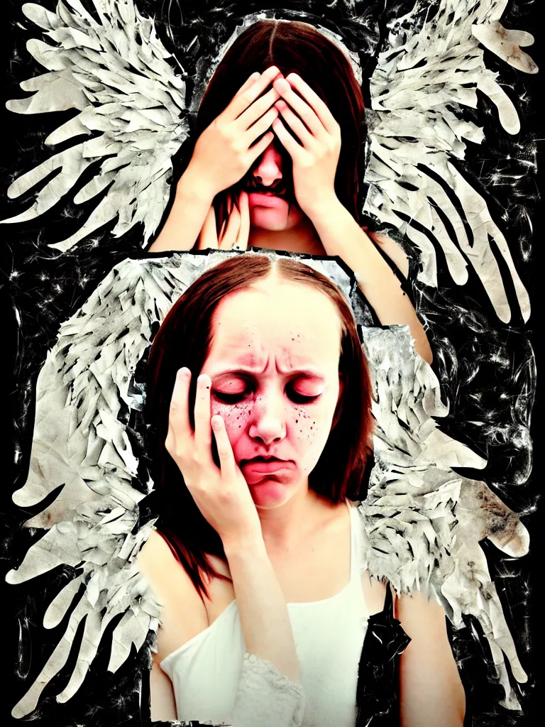 Image similar to a young adult angelgirl soft crying with lots of hands on her face and ratty feathered angel wings, stressed and burnt out, collage effect, collaged, torn paper, overexposure, overexposed, high exposure