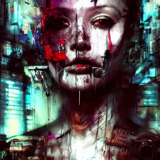 Image similar to pom klementieff as a cybernetic hunter, cyberpunk, wires, skulls, machines by emil melmoth zdzislaw belsinki craig mullins yoji shinkawa realistic render ominous detailed photo atmospheric by jeremy mann francis bacon and agnes cecile ink drips paint smears digital glitches glitchart