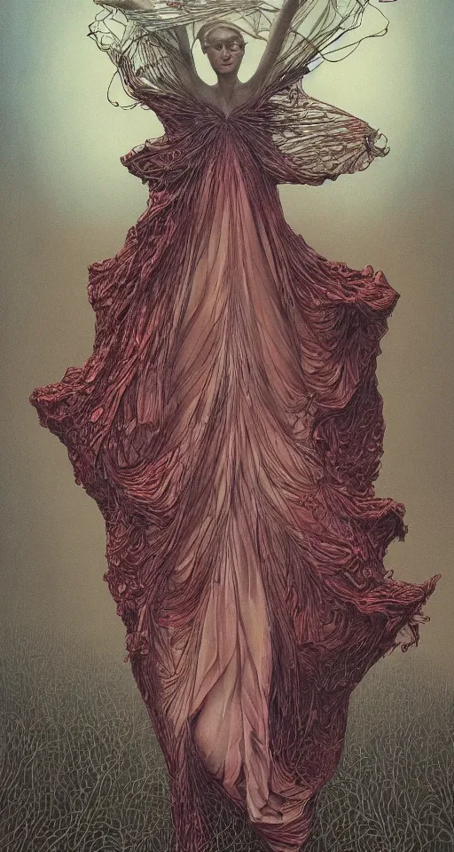 Prompt: a piece called the two sizes too big, a beautiful surrealist rendering portrait of an insecure gorgeous woman by dan mumford and beksinski, wearing a dress by iris van herpen and mulleavy, cinematic lighting, dynamic edgy elegant pose like a dancer, full subject in frame standing on a stage