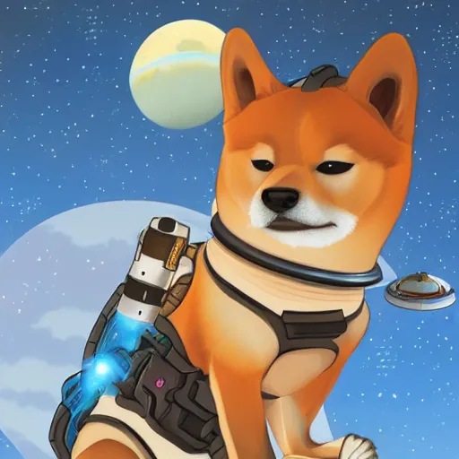 Image similar to cute shiba in an astronaut suit steering a flying ship, treasure planet style, digital art, 4 k, realistic, vivid colors