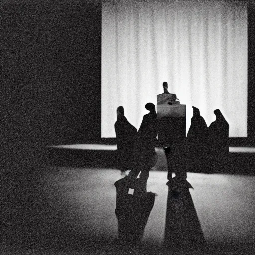 Prompt: Two male silhouettes on a gigantic abandoned theatre stage, they have a microphone, polaroid picture with film grain, black-and-white, bright, vignette, 4k, vague, wide-angle lens, there are curtains in the background