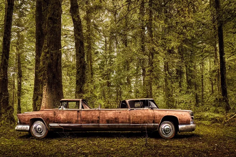 Prompt: a beautiful award - winning photo of a upsidedown, old cadillac, upsidedown in a dark forest, mushrooms, in a dark forest low light, by dimitri mellos