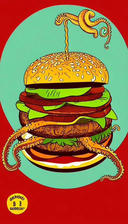 Prompt: illustration of a an octopus inside a cheeseburger, highly detailed, 8 k, vintage, screen print, trending on artstation