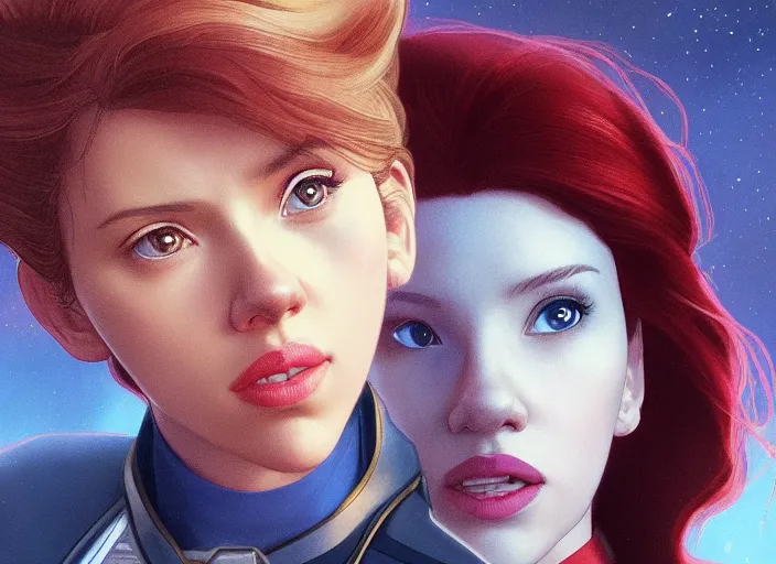 Image similar to a disney film still of scarlett johansson as a star trek officer, finely detailed features, closeup of the face, perfect art, dusk, blue hour, gapmoe yandere grimdark, trending on pixiv fanbox, painted by greg rutkowski, makoto shinkai, takashi takeuchi, alphonse mucha, akihiko yoshida